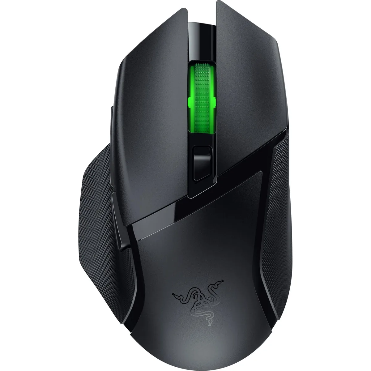 Black right-handed ergonomic wireless gaming mouse with textured side grips and RGB lighting