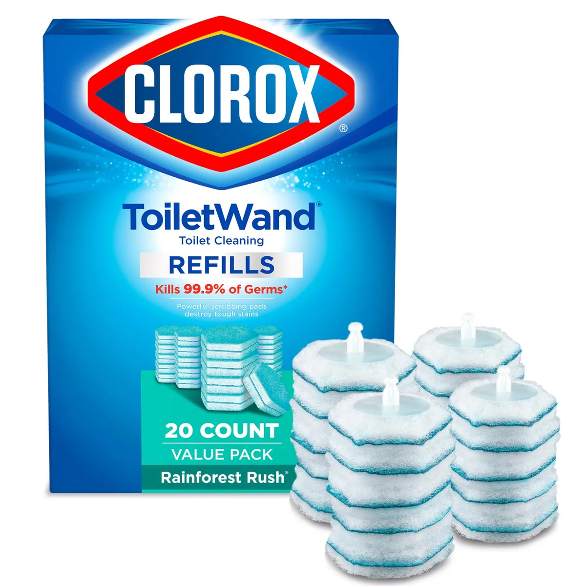 Pack of 20 disposable toilet cleaning refill heads, white with blue tips
