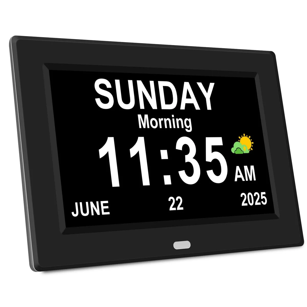 Black rectangular digital clock with large 7-inch display showing time date and day