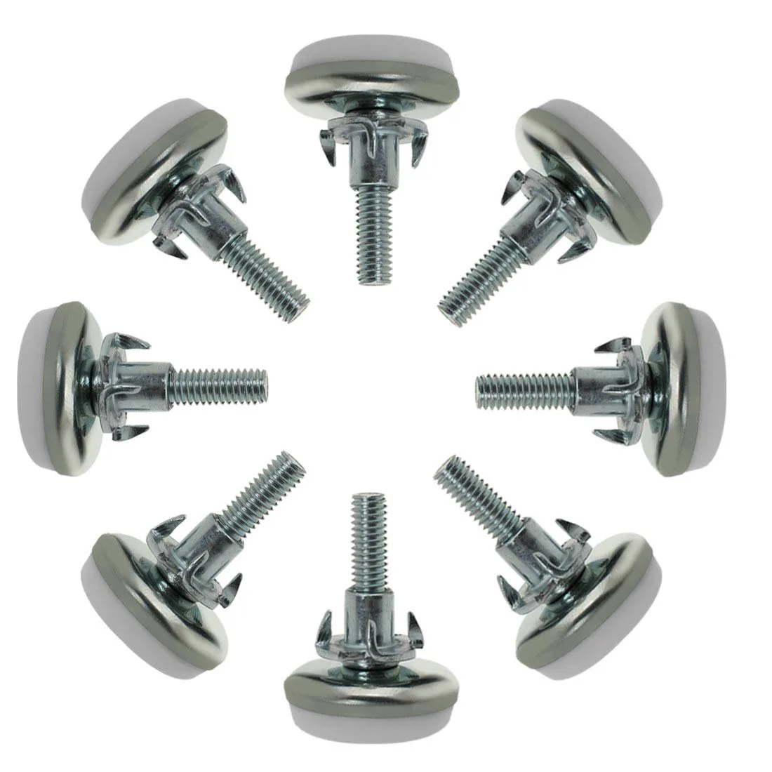 Eight silver adjustable leveling feet with black plastic bases