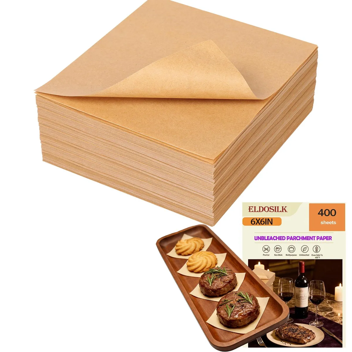 A stack of 400 square orange parchment paper sheets, each 6x6 inches