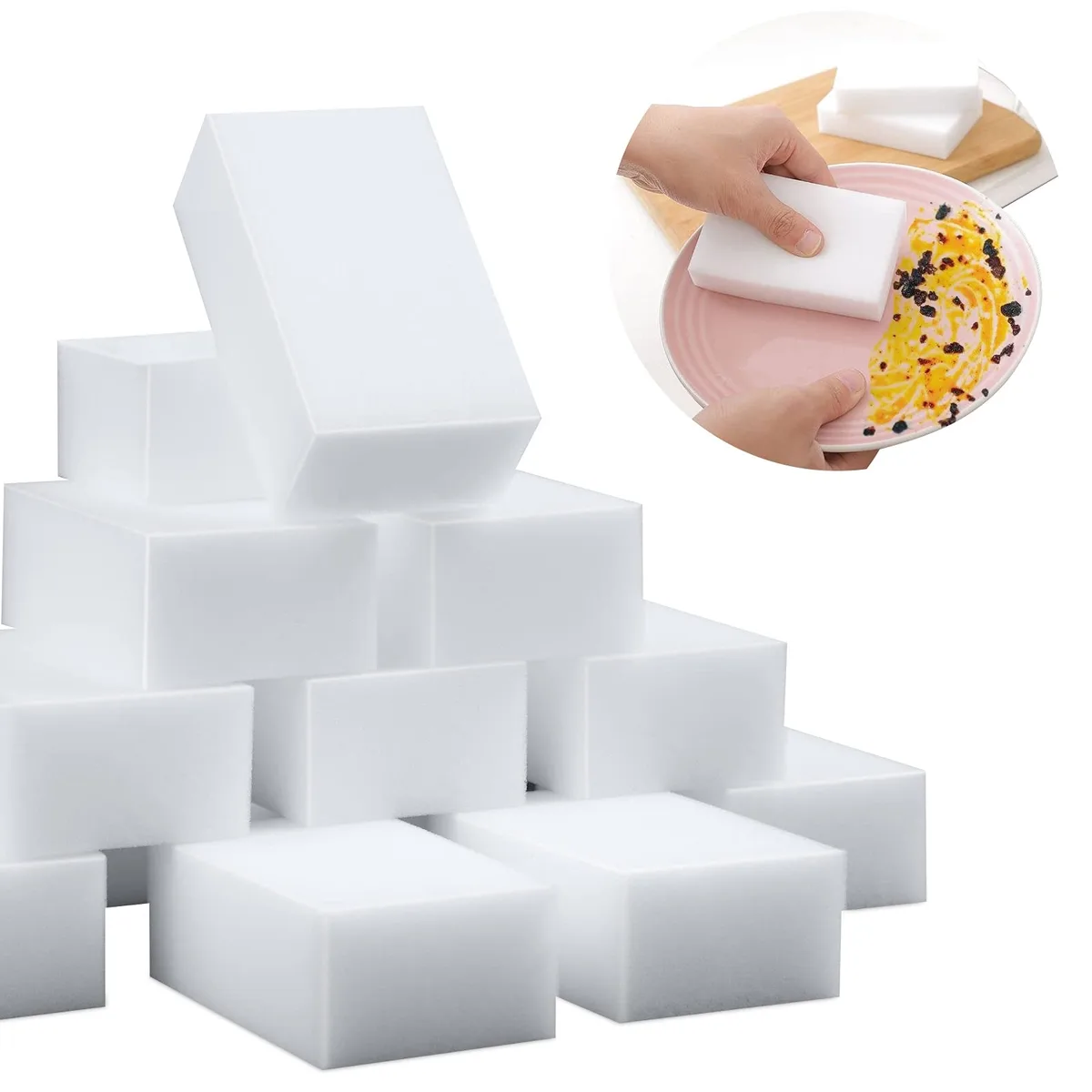 White rectangular melamine cleaning sponges in bulk pack