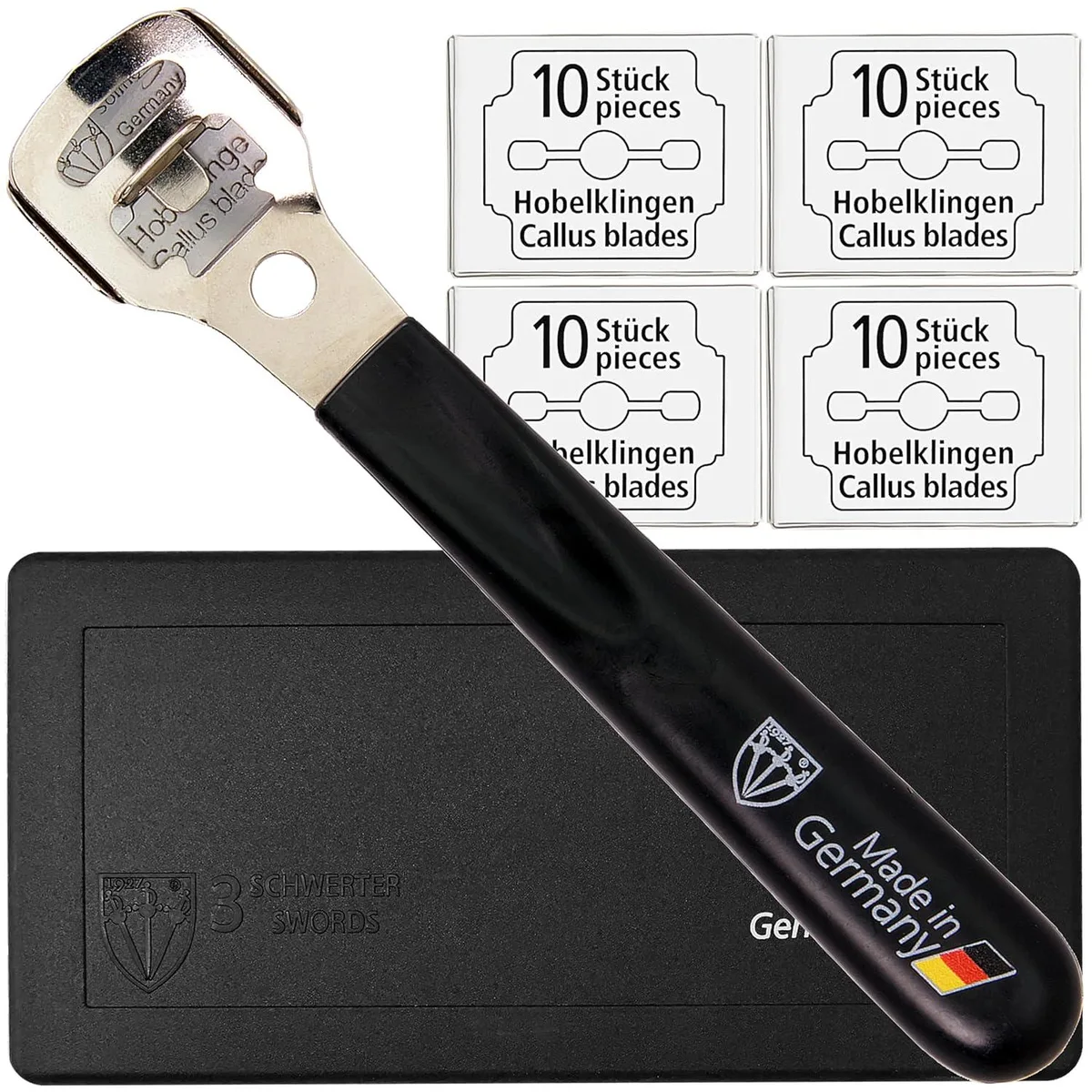 A metal callus shaver with plastic case and 40 refill blades