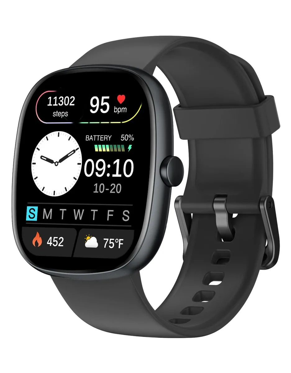 Black rectangular smartwatch with 1.85 inch AMOLED screen and matching strap
