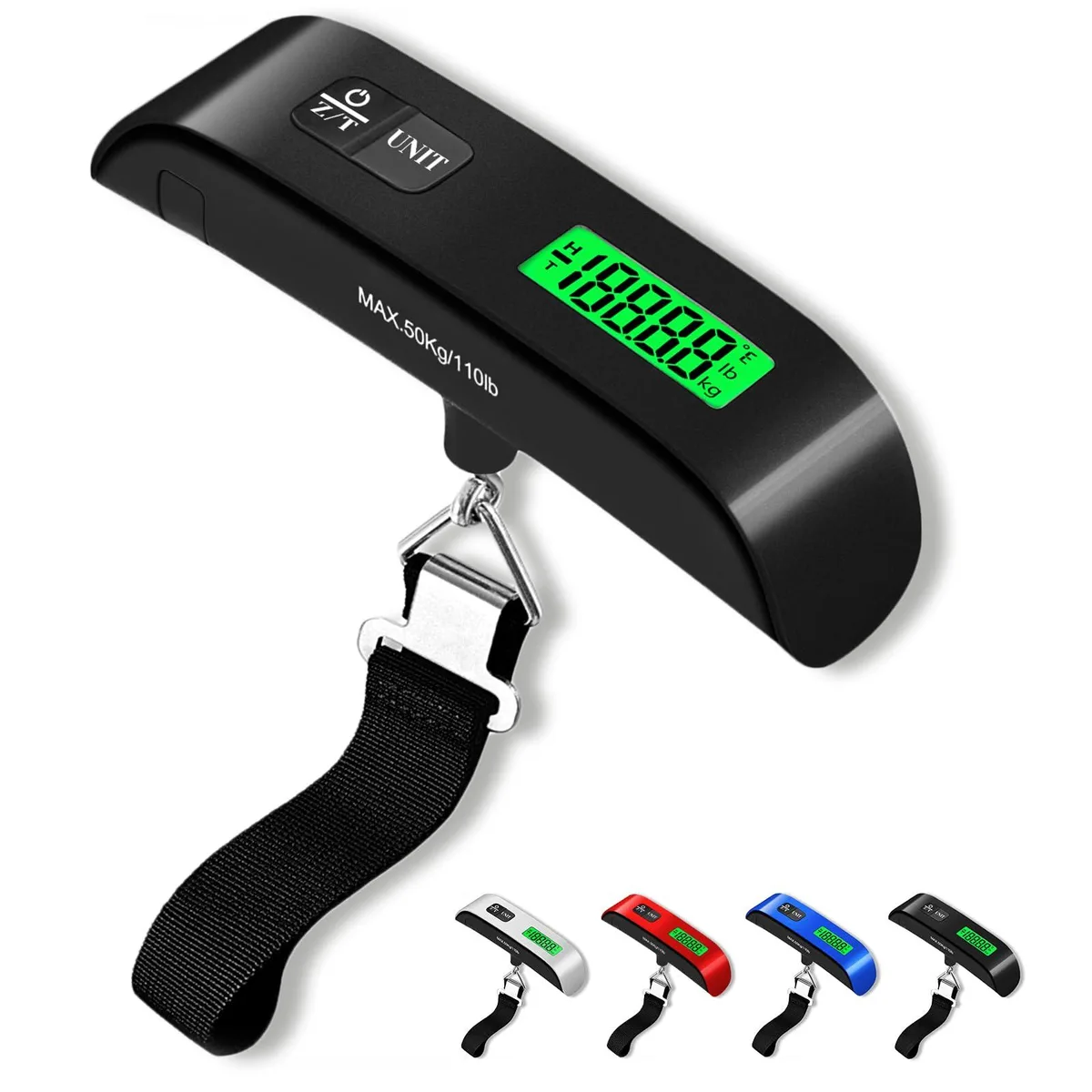 Grey handheld luggage scale with LCD and LED display