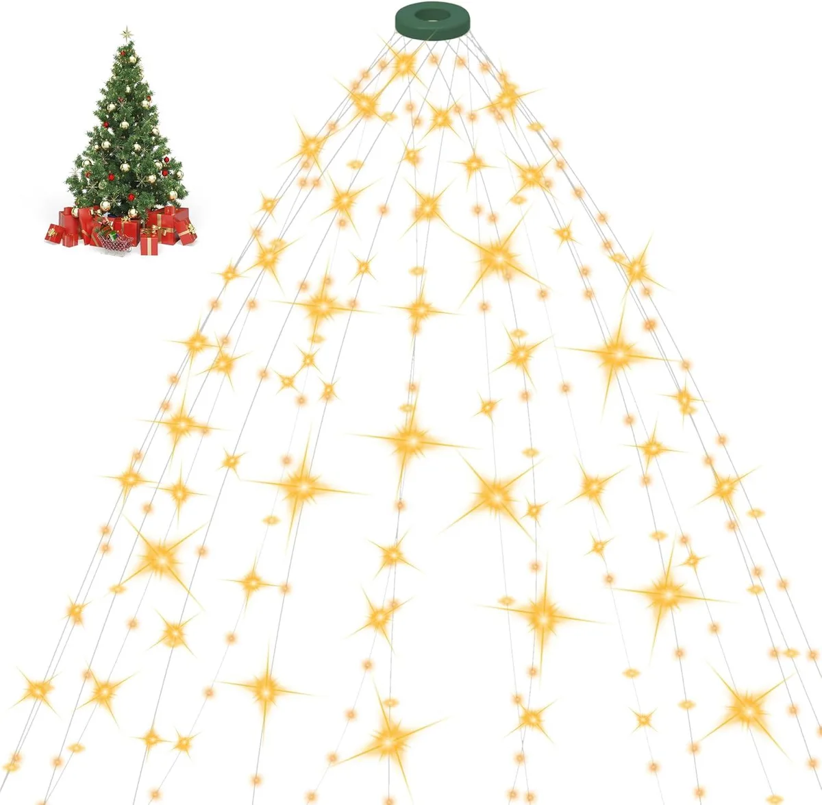 Warm white LED Christmas lights with 16 hanging strands and top mounting ring
