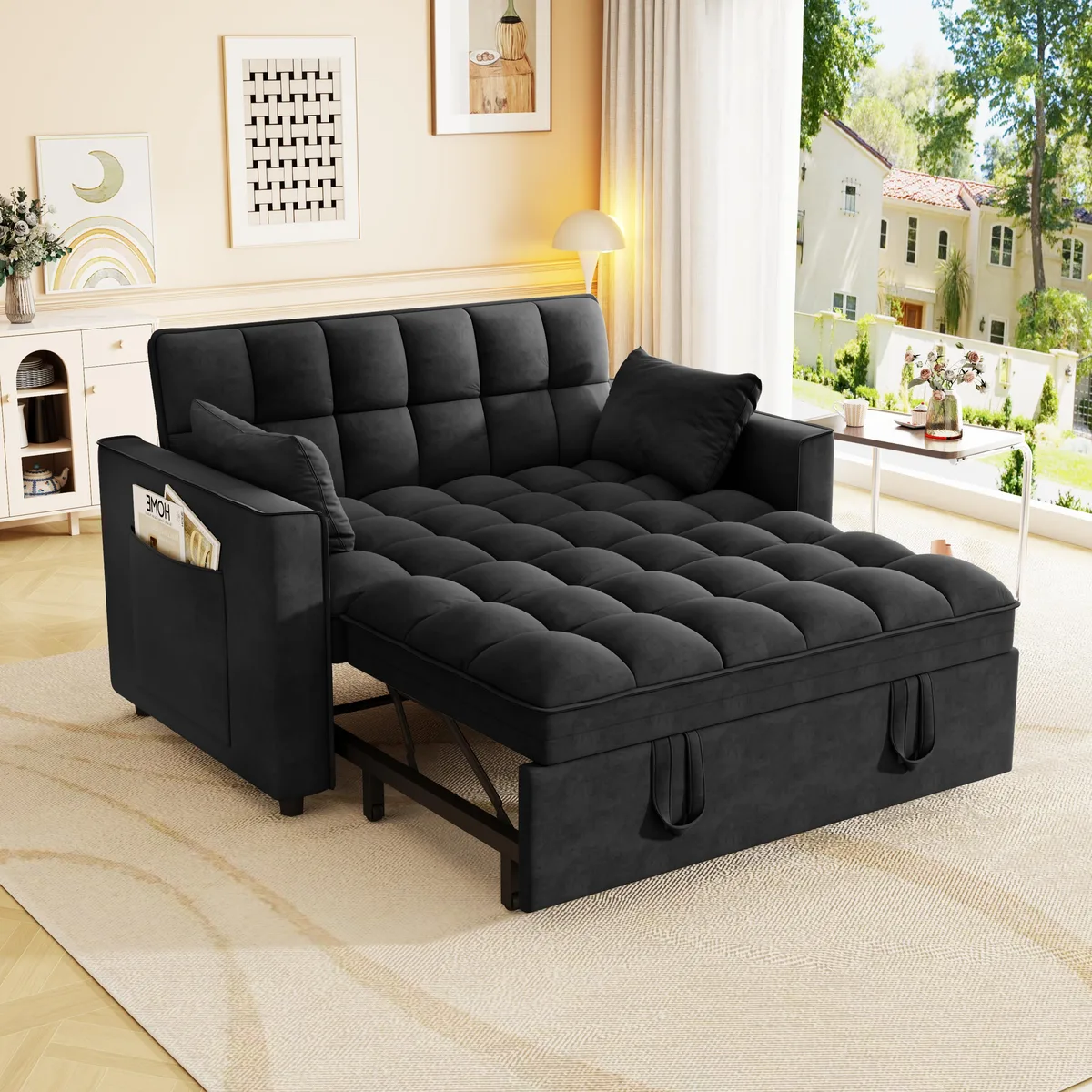 Black velvet sleeper sofa with pull-out bed, pillows and side pockets