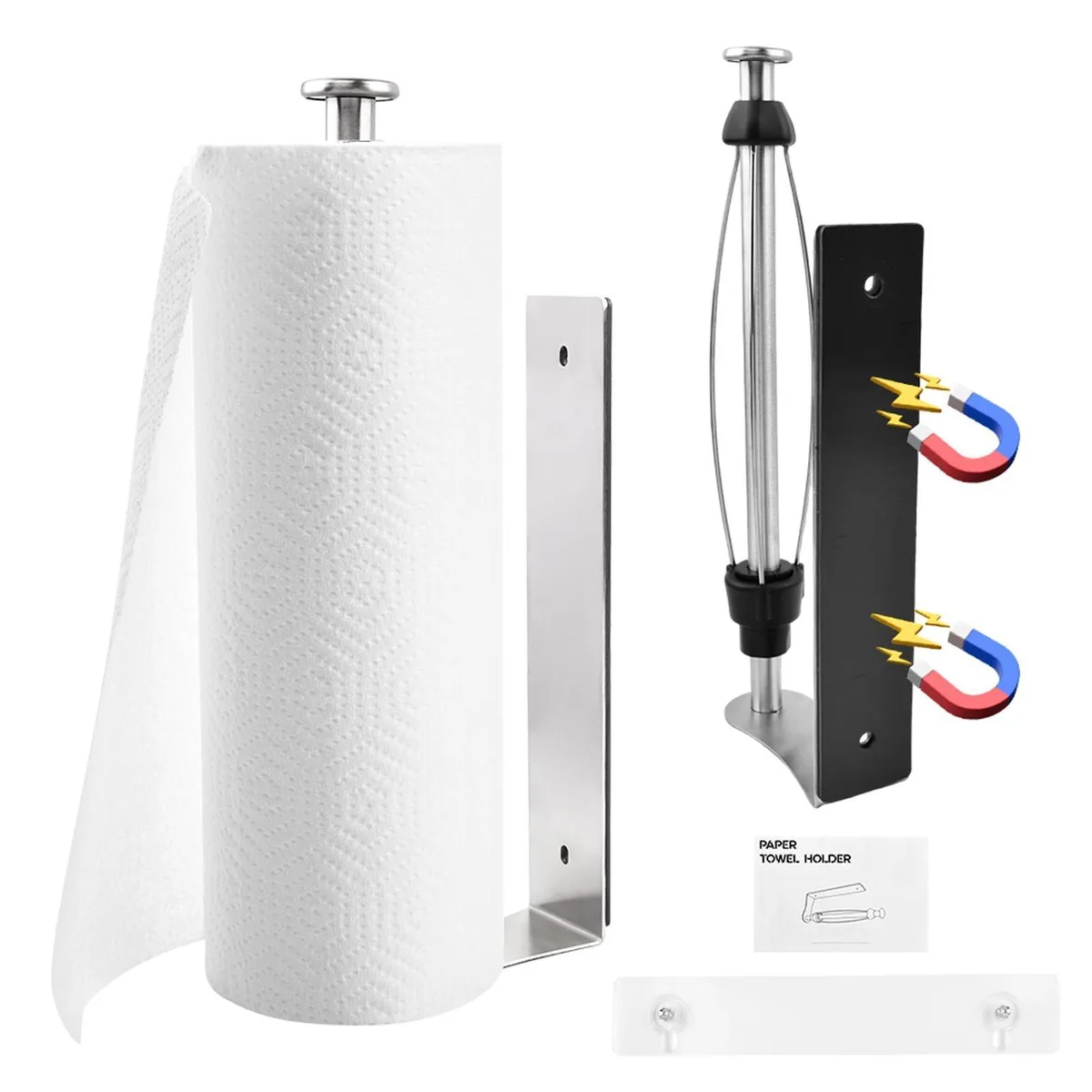Silver stainless steel magnetic paper towel holder, rectangular 30 by 11 cm with ratchet arm
