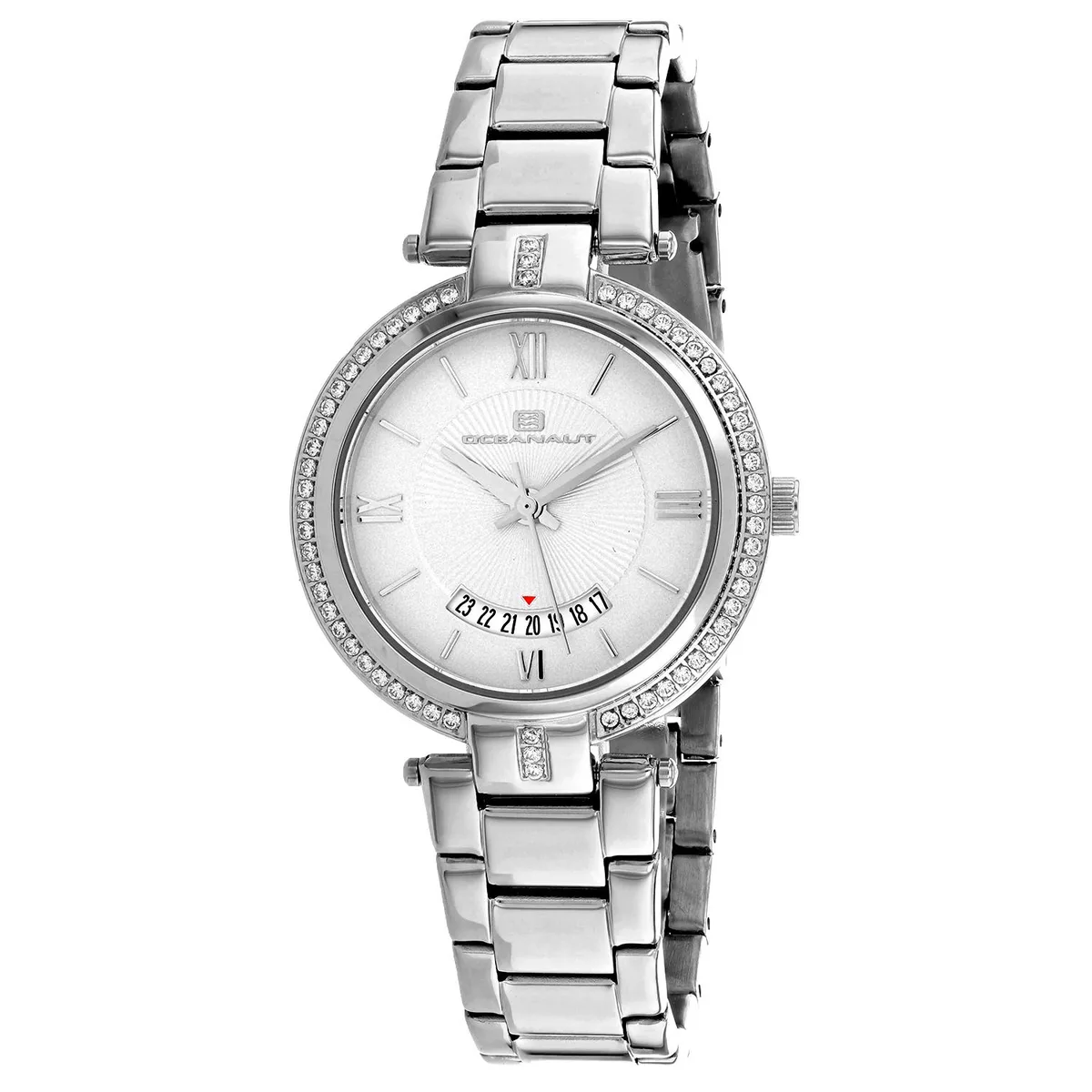 Silver stainless steel watch with white dial and metal bracelet