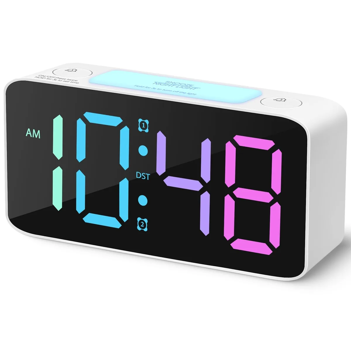 White rectangular digital clock with large RGB display and dual USB ports