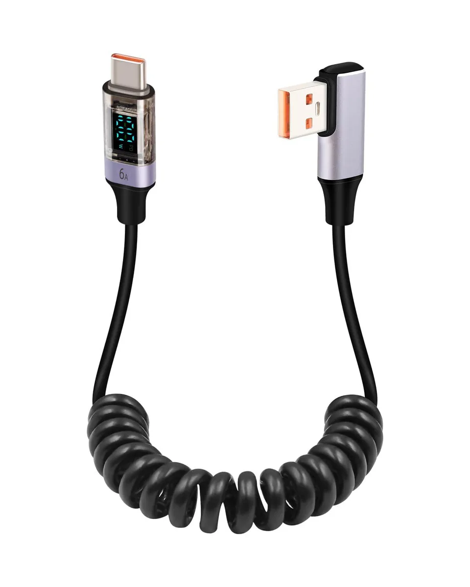 Mobee Mobee Coiled USB-A to USB-C Cable LED Display 90° 66W 1.8-4ft 480Mbps 5000 cycles — product photo