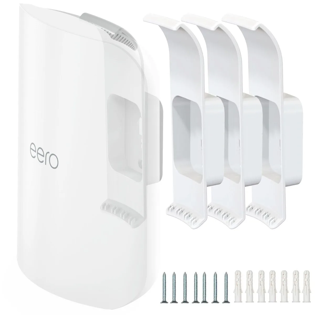 Three white ABS plastic wall-mount brackets for eero Pro 7 router, compact rectangular shape with cable-management slots