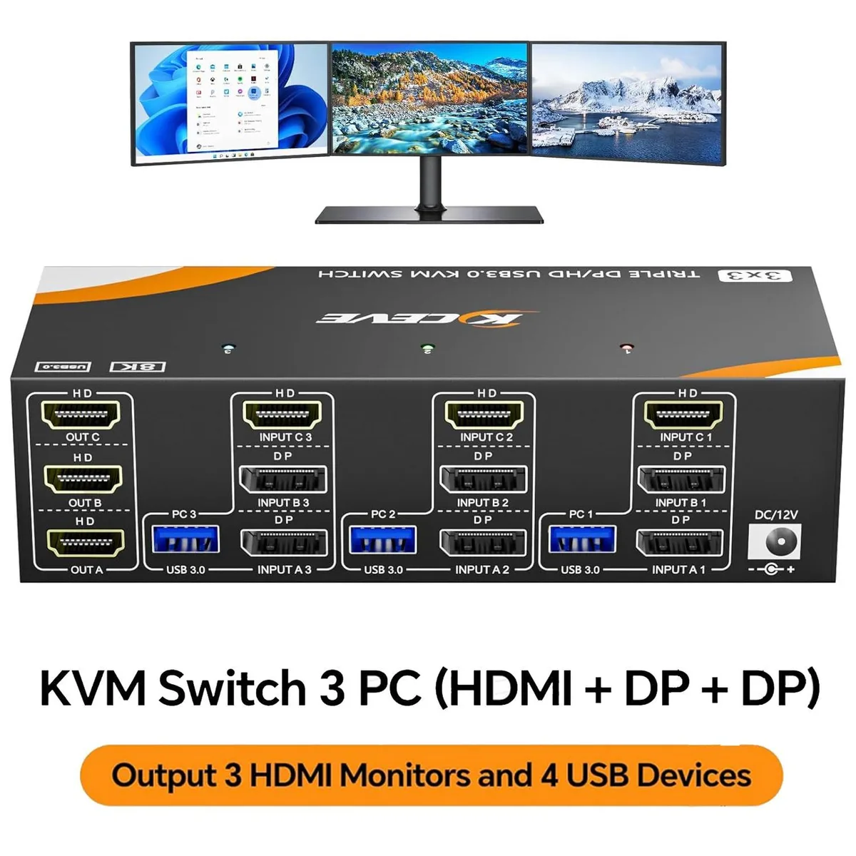 WRIARICH WRIARICH HDMI + 2 DisplayPort KVM Switch 3 Monitors 3 Computers 8K@60Hz 4K@144Hz Wired Remote — product photo