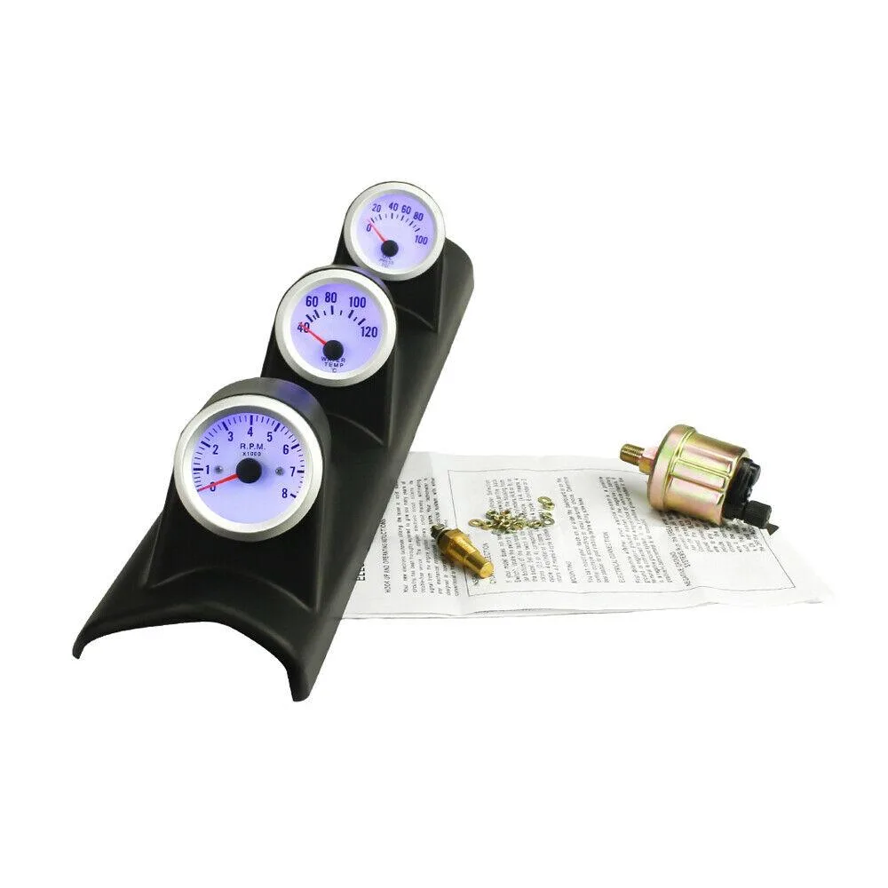Dyno Racing Dyno Racing 2" 52mm Blue LED Triple Gauge Kit Tachometer Water Temp Oil Press — product photo