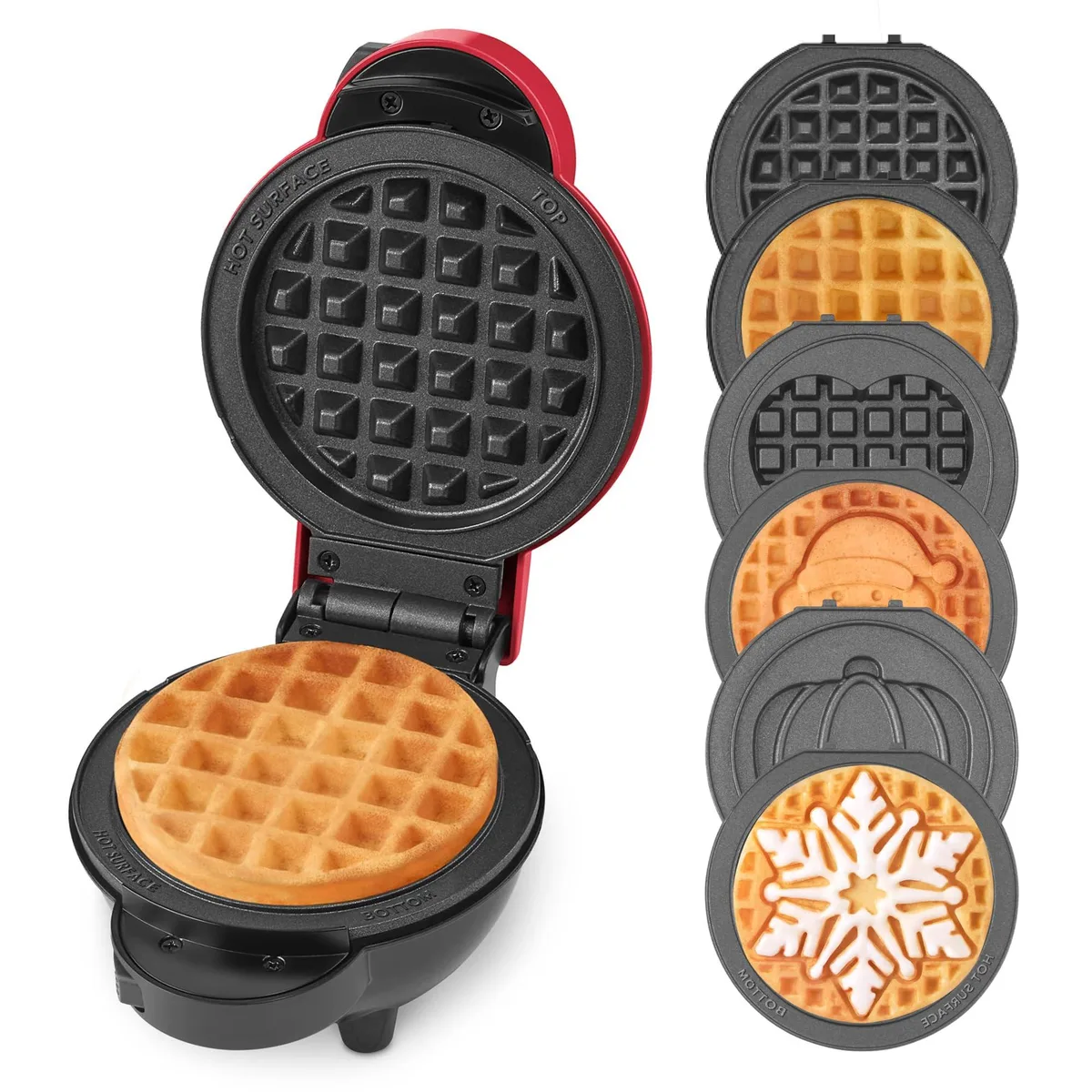 Red compact waffle maker with six swappable 4-inch holiday plates