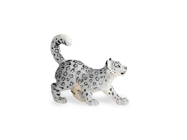 Small hand-painted snow leopard cub figurine, light grey with dark spots, crouching pose