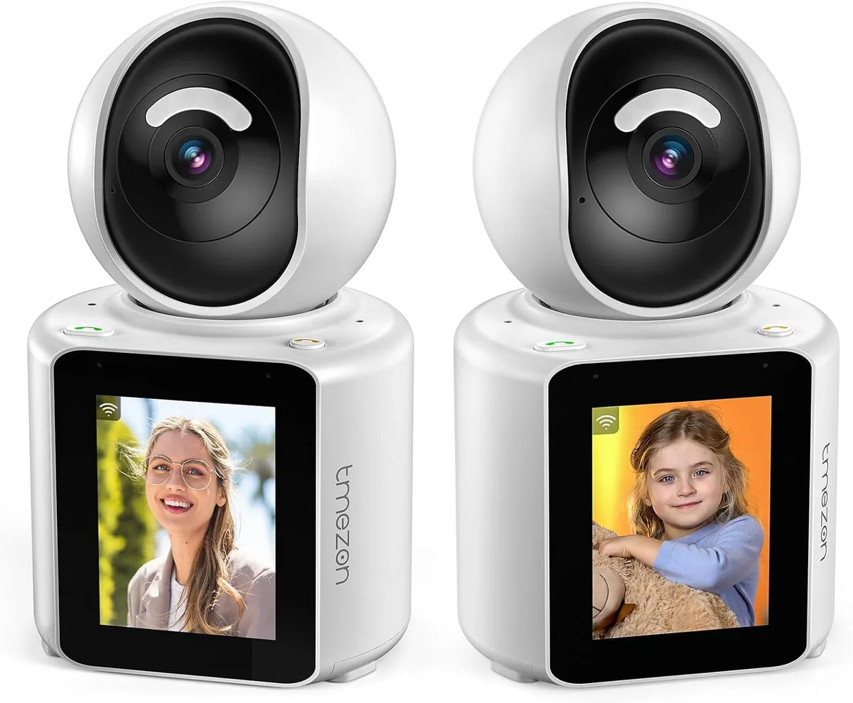 Two white indoor cameras with 2.8 inch screens and 360 degree lenses
