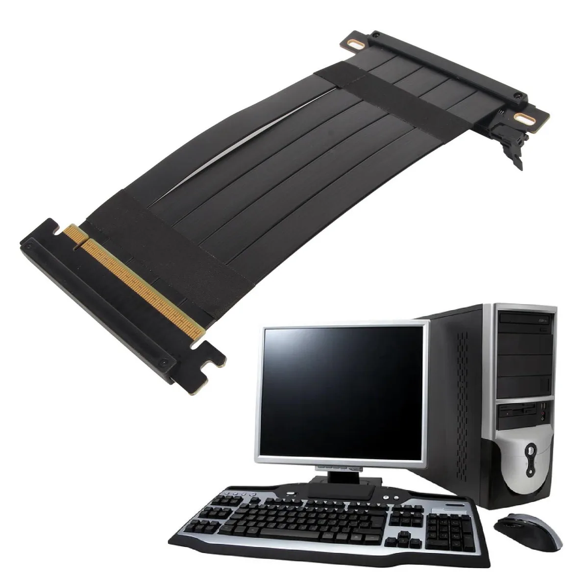Flat black PCIe 4.0 x16 riser cable with 180 degree connectors, 18cm length