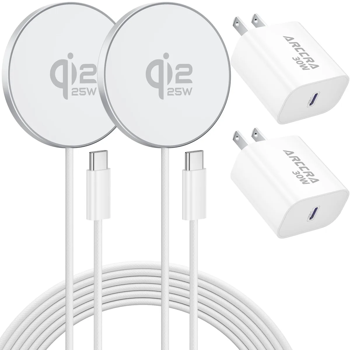 Two slim magnetic charging pads with six-foot cables and a compact USB-C power block