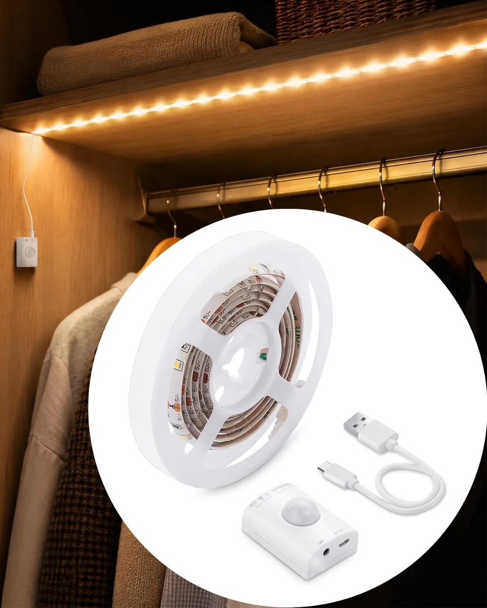 Rectangular warm-white LED strip with motion sensor and magnetic backing, 3.3ft length