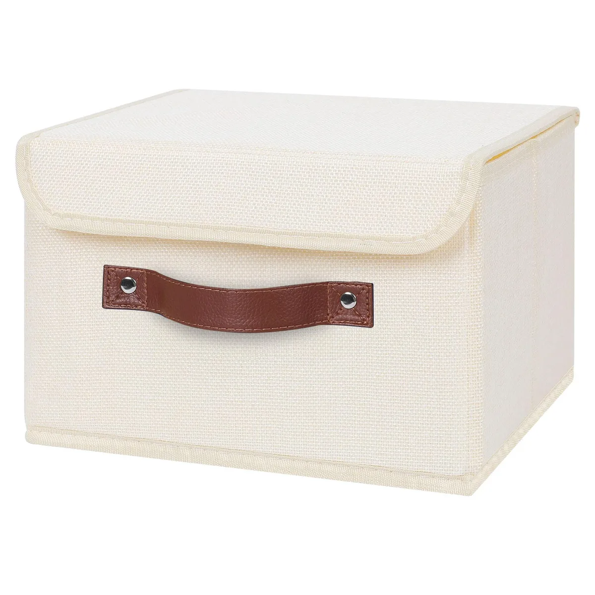 Beige fabric storage box with lid and front handle