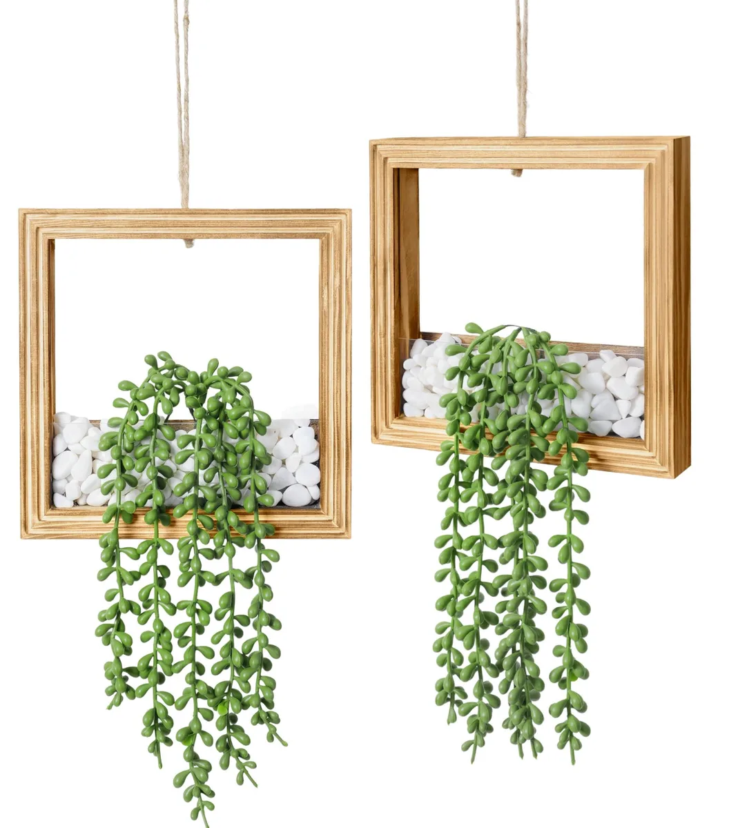  FancyPlus 2 Pack Hanging Succulents in Square Wooden Frame with LED Lights, Burnt Wood — product photo