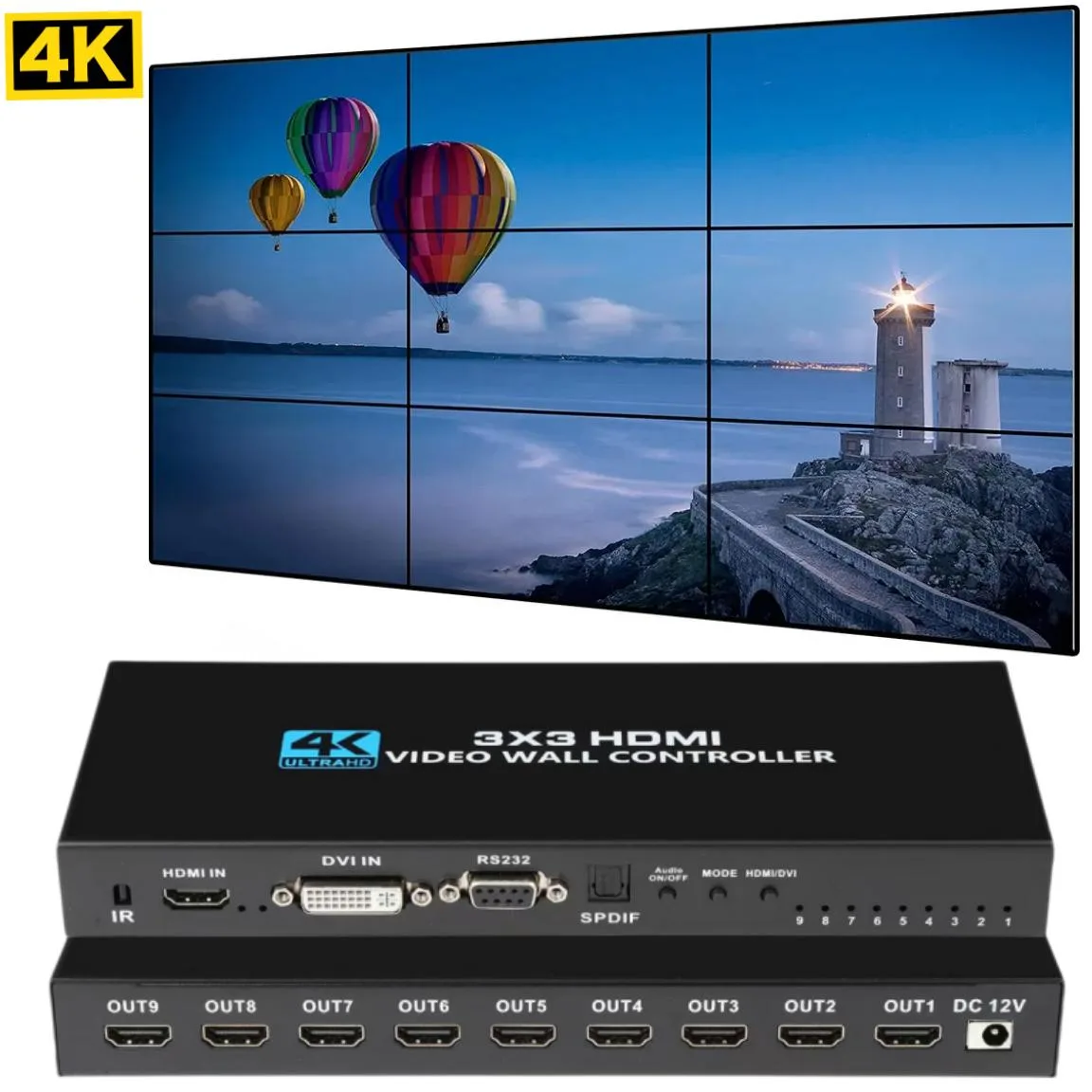 LUOM LUOM OZJP2 3x3 HDMI Video Wall Controller 1×9 4K@30Hz 13 Modes Black — product photo