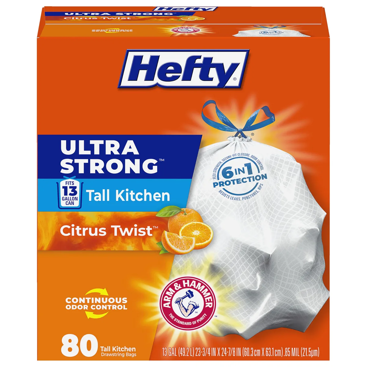 White plastic kitchen trash bags in a rectangular box, 80 count, citrus twist scent