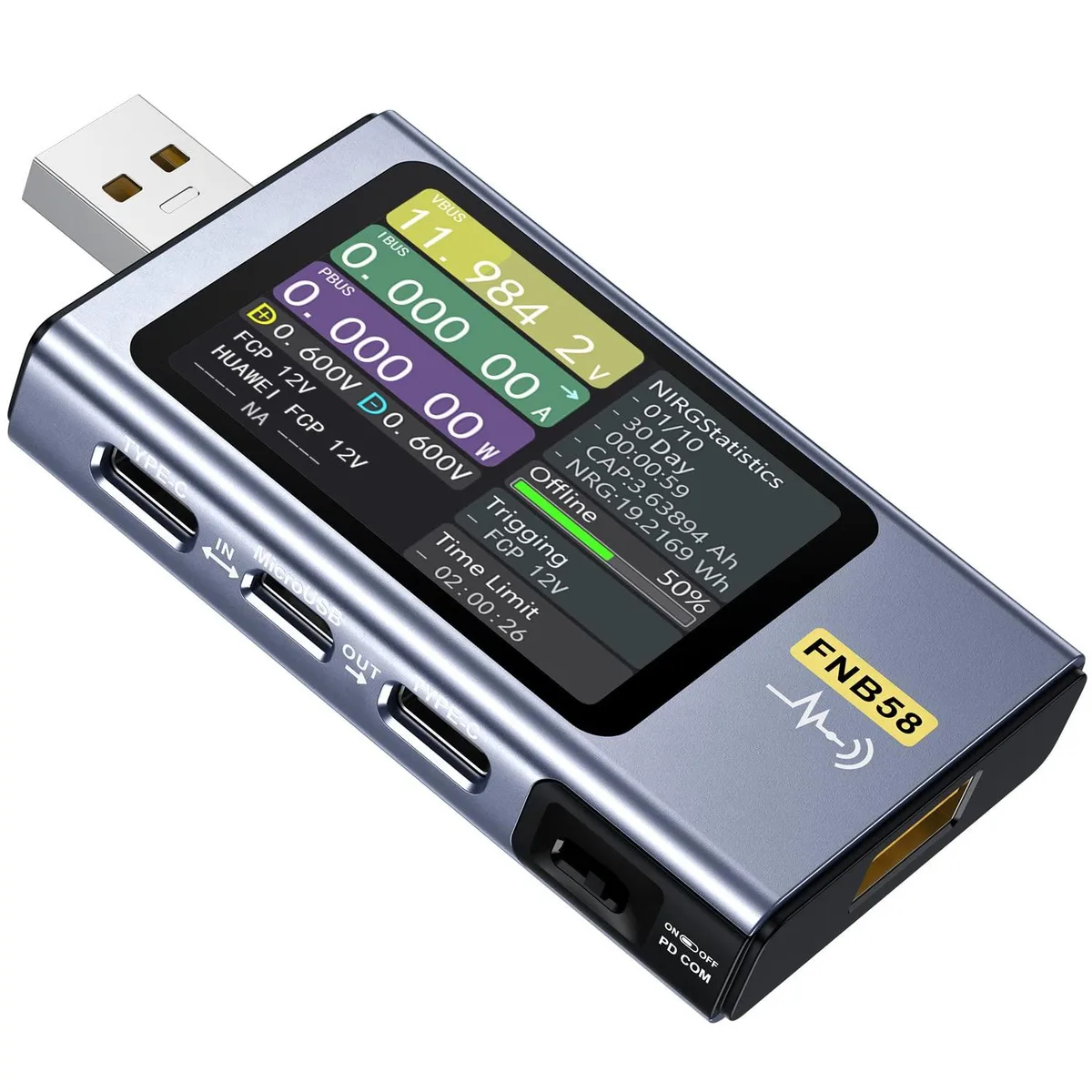 Compact USB tester with 2.0 inch TFT LCD display and integrated USB-A, Micro-USB, Type-C ports