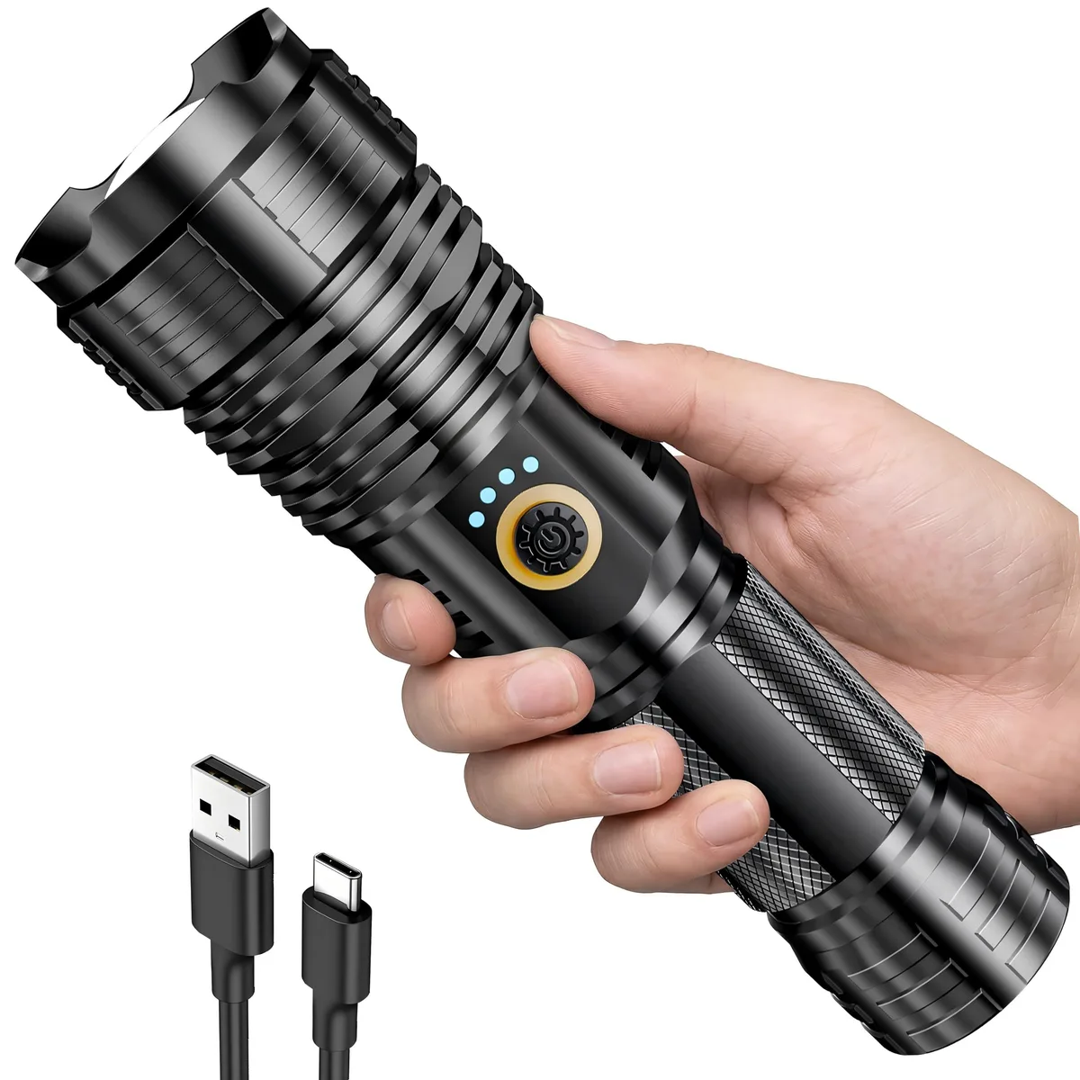 Black cylindrical LED flashlight with textured grip and charging port