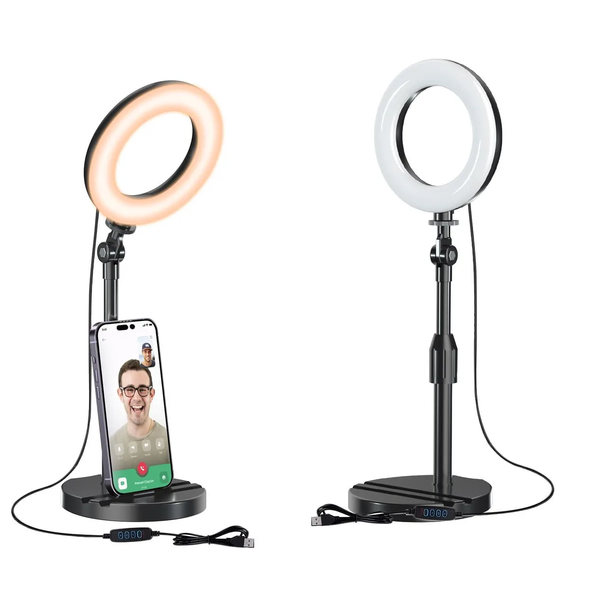 Matte-black 5-inch ring light on telescopic stand with phone holder