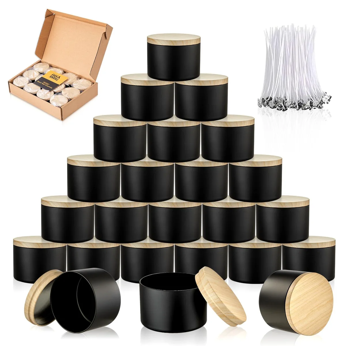  MGLIFEUL 4oz Black Candle Tins with Lids &amp; Wicks 12pcs — product photo