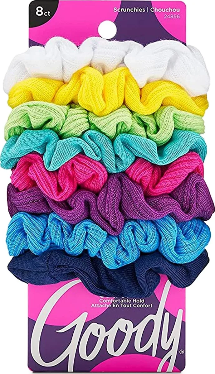 Eight cotton jersey scrunchies in neon rainbow colours, soft fabric loops with elastic cores