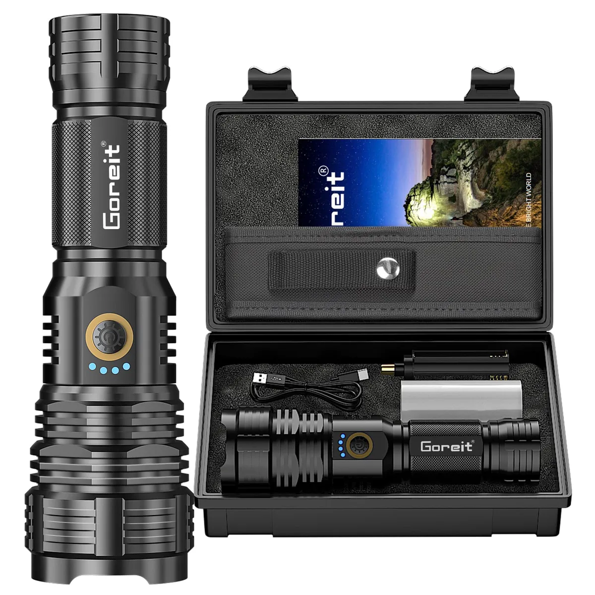 Cylindrical aluminium flashlight, 6.5 inches long, 1.85 inches wide, dark finish