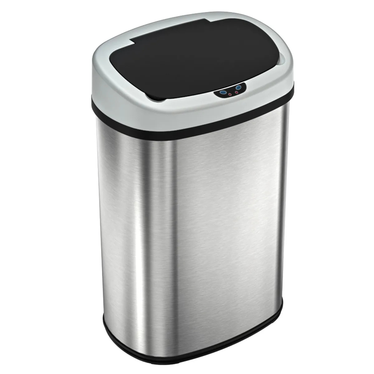 Oval stainless steel sensor trash can with lid open, silver brushed finish, 13 gallon capacity