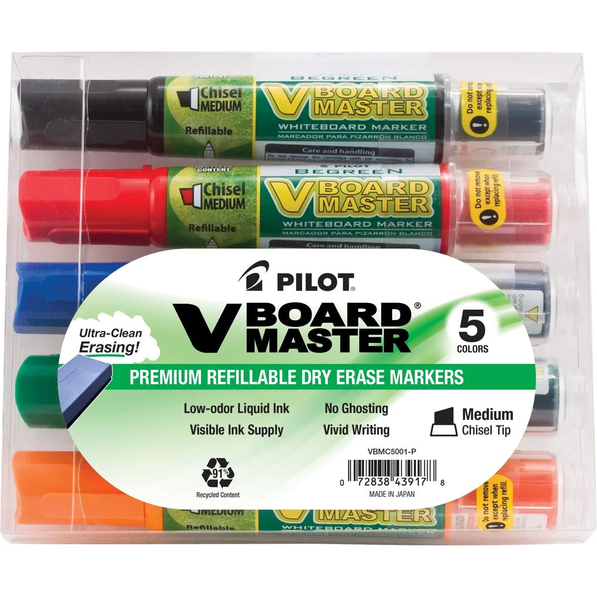 Five refill cartridges for Pilot V Board Master markers in assorted colours