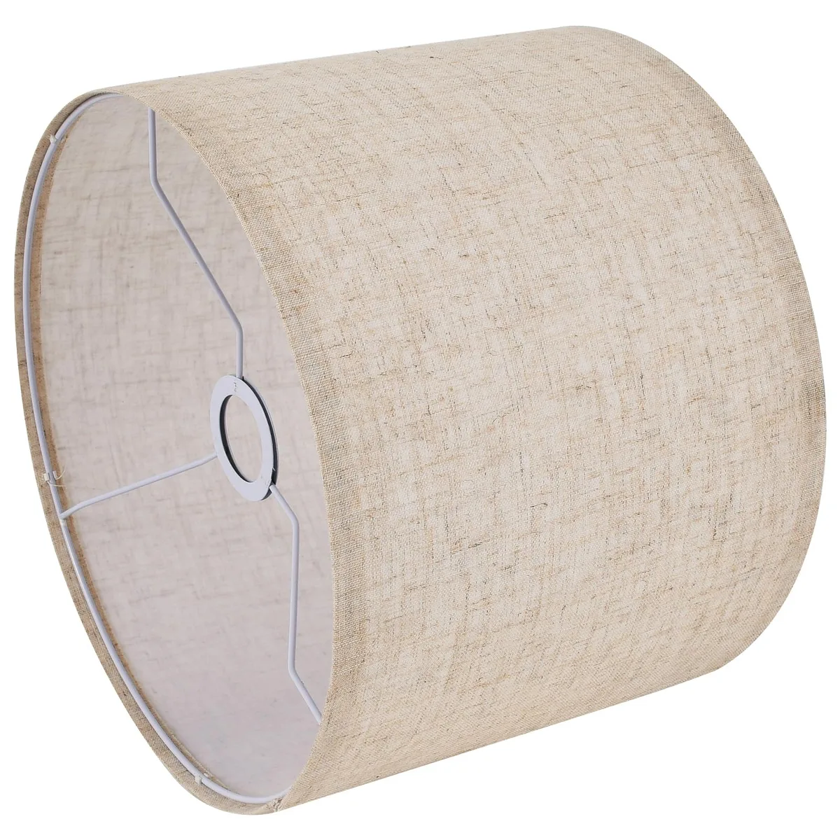 Beige linen drum shade, 13 inches wide by 10 inches high, spider fitting, unfinished texture