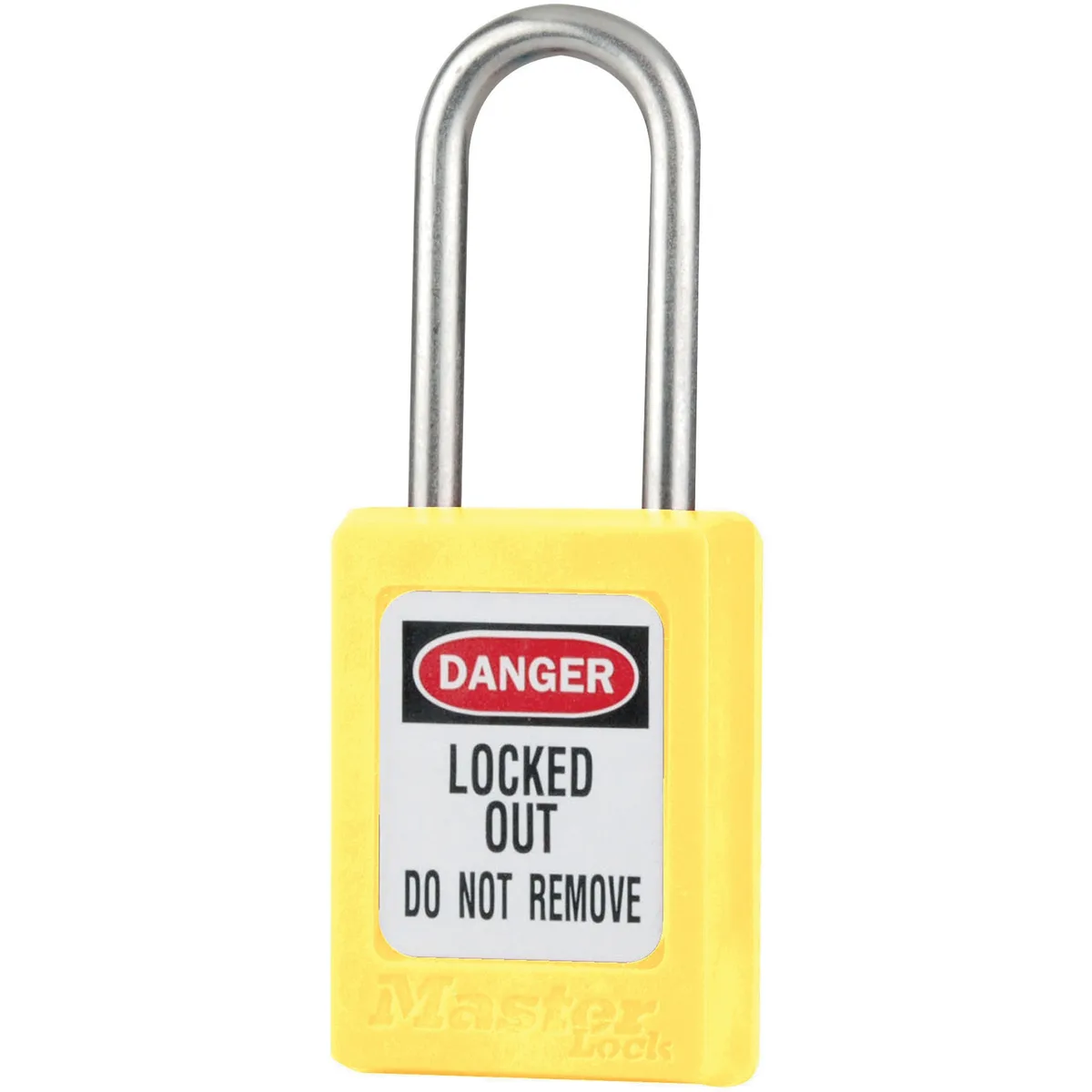 Yellow thermoplastic lockout padlock with stainless steel shackle and danger label