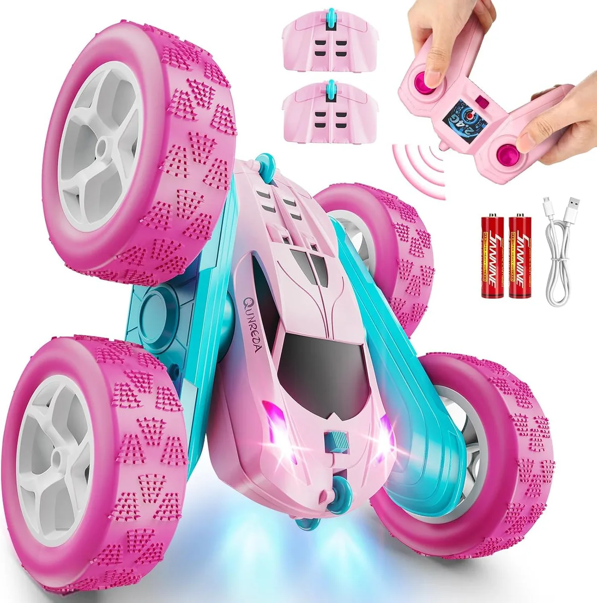 usbroway usbroway Pink 2.4 GHz Double-Sided RC Stunt Car 360° Rotating Crawler with Headlights Toy — product photo