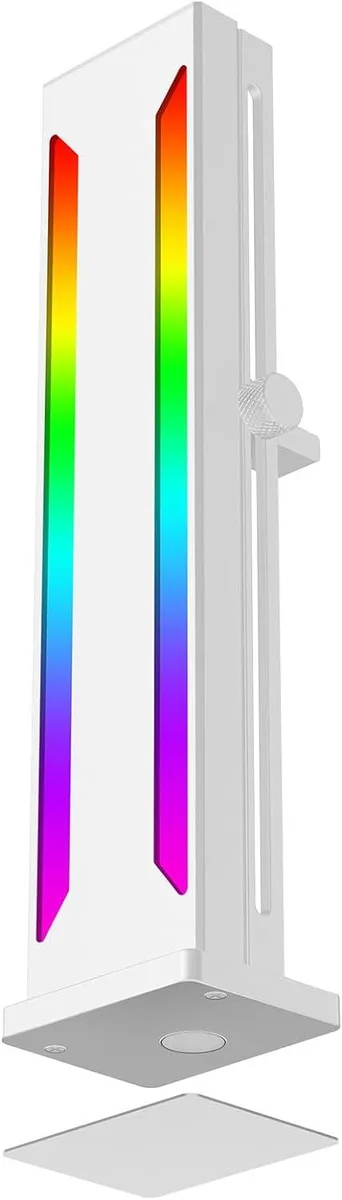 White RGB GPU support bracket with magnetic base and sliding adjustment