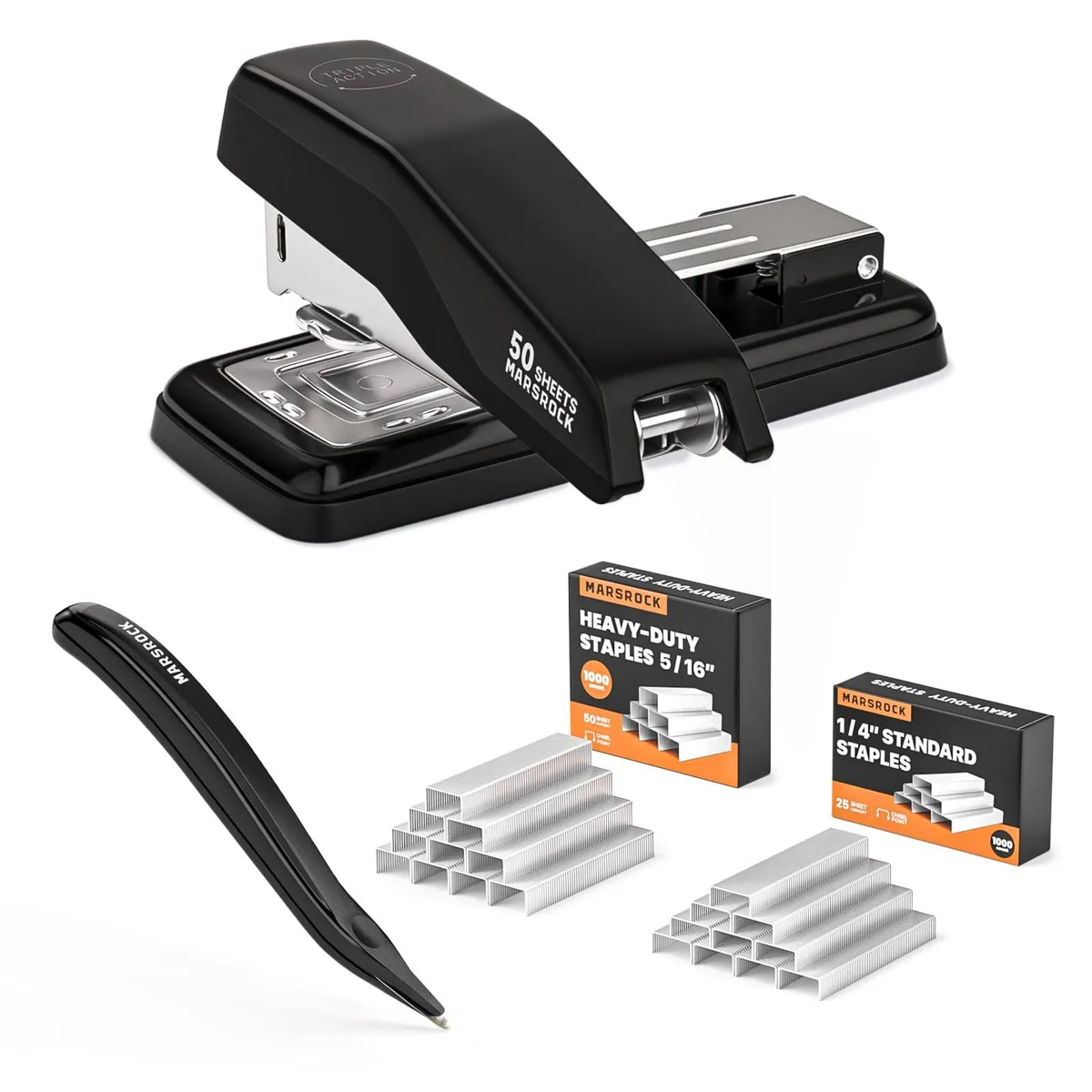 Black desktop stapler with 180° rotating head and staple remover