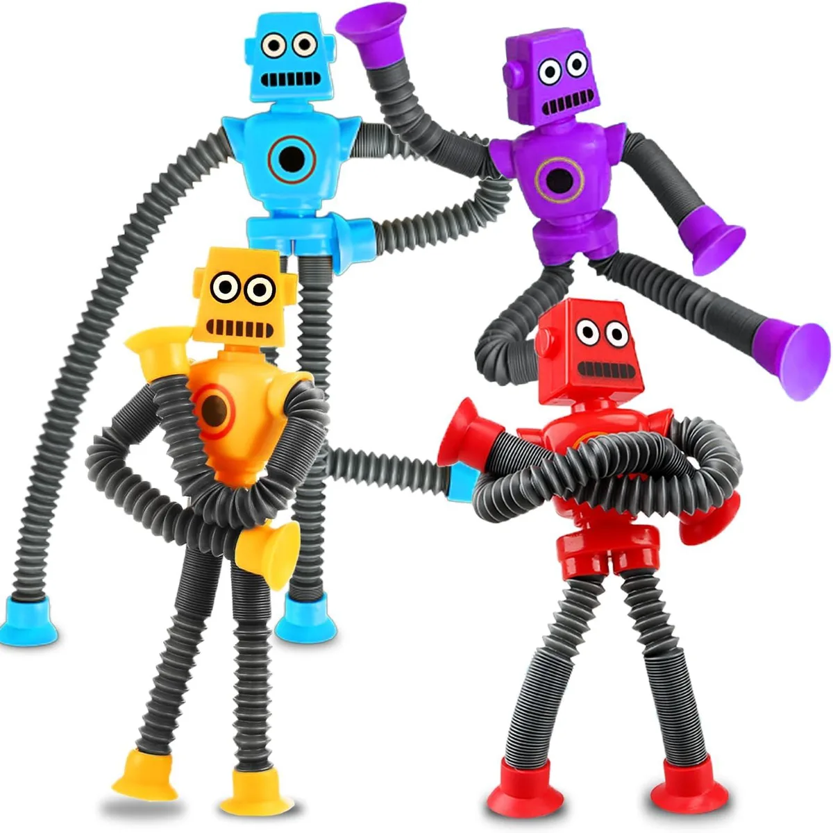 Four colourful plastic robot pop-tube toys with suction-cup hands and feet