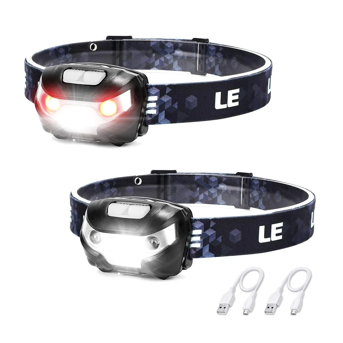 Two compact rechargeable headlamps with adjustable elastic headbands, matte black finish, USB cables included