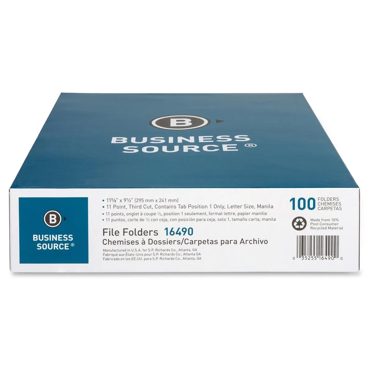 Business Source Business Source 16490 File Folder 1/3 Cut Left Tab 1-Ply 3/4" Exp 100/BX — product photo