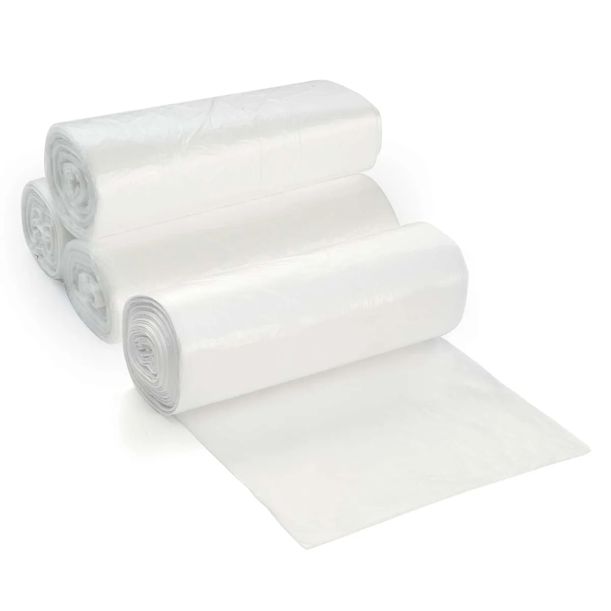 Clear plastic garbage liners on two coreless rolls 100 count 10 gallon capacity