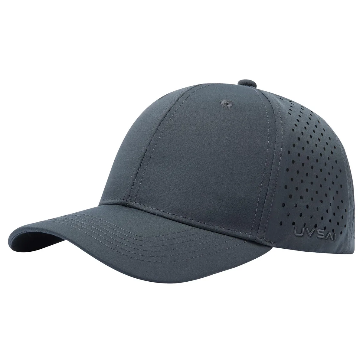 Dark grey six-panel baseball cap with curved brim and laser-perforated side panels
