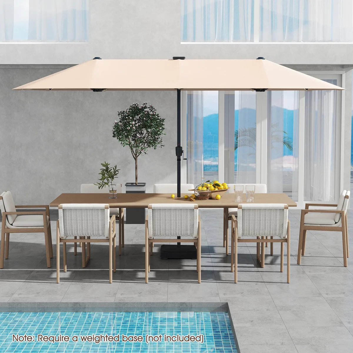 Large beige patio umbrella with solar LED lights and crank handle, 13 ft canopy, powder-coated metal frame