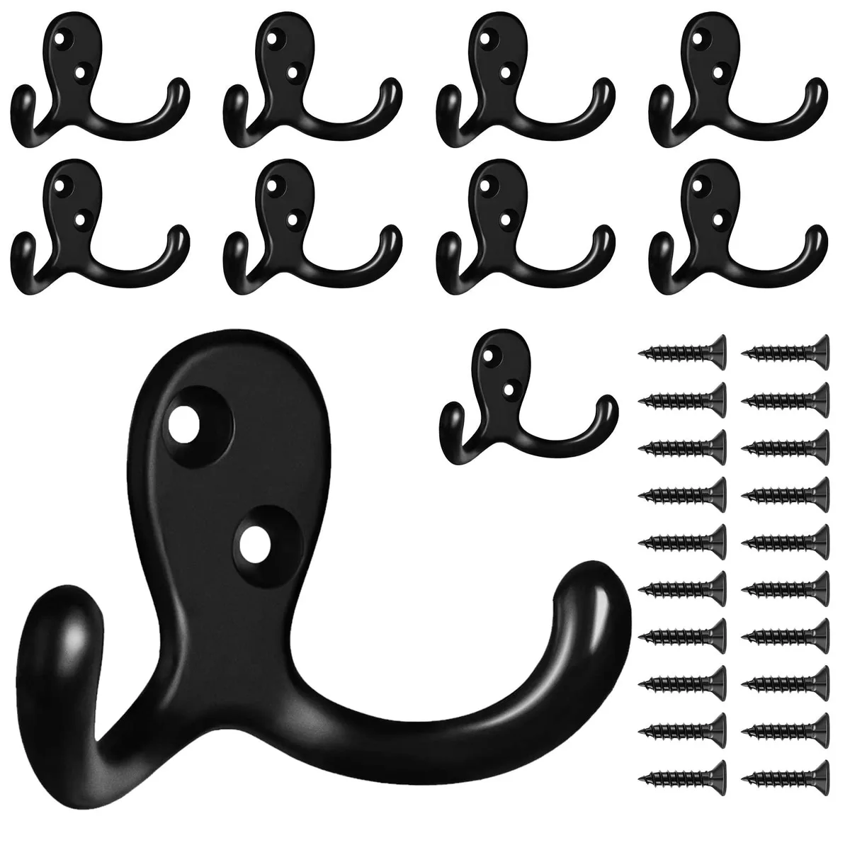 Ten black double-prong metal coat hooks with mounting screws