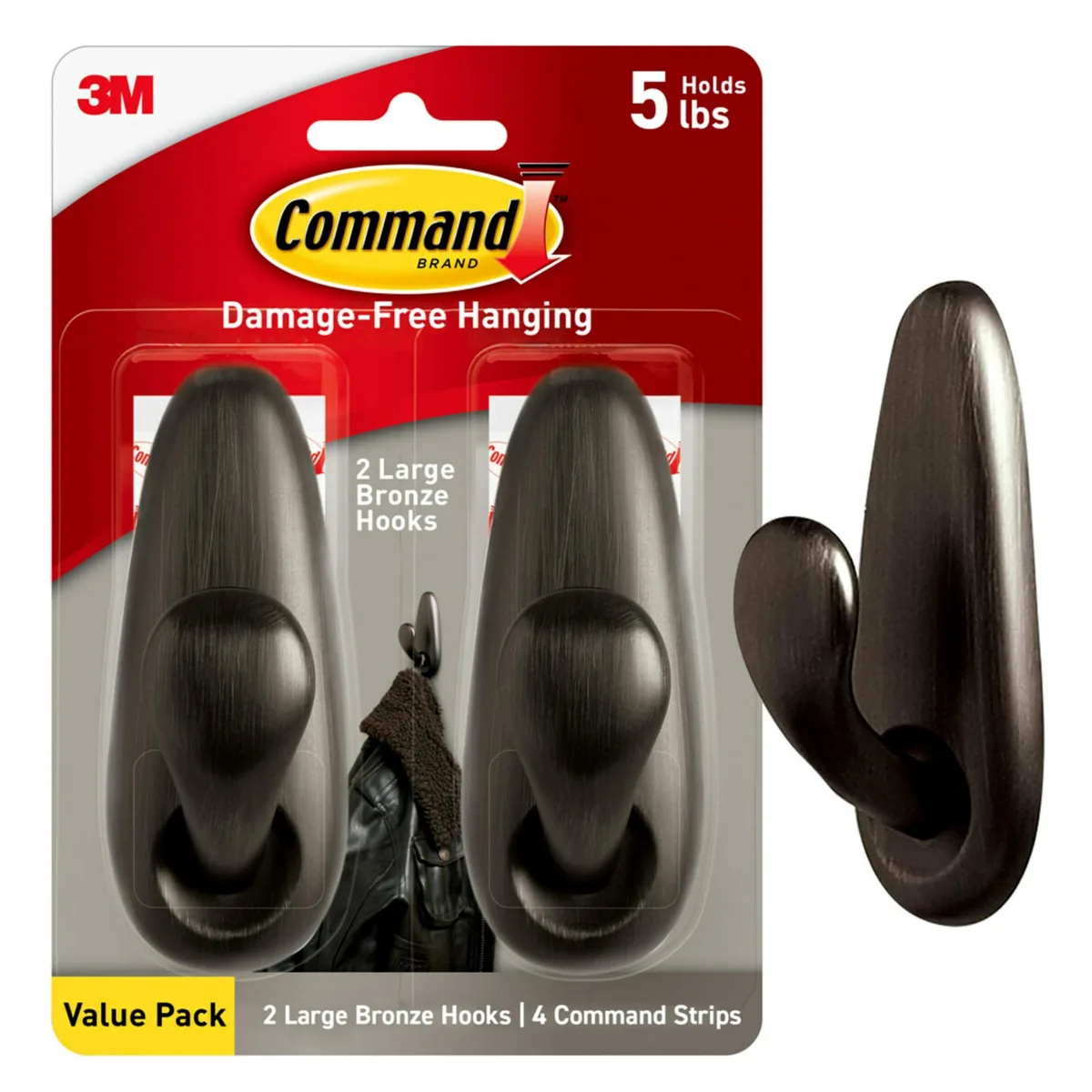 5 lb Large Oil Rubbed Bronze Metal Hooks, 2 Coat Hooks and 4 Strips — product photo