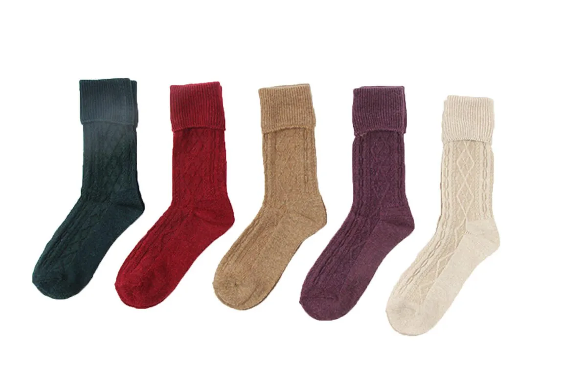 Four pairs of colourful wool crew socks with soft fuzzy texture